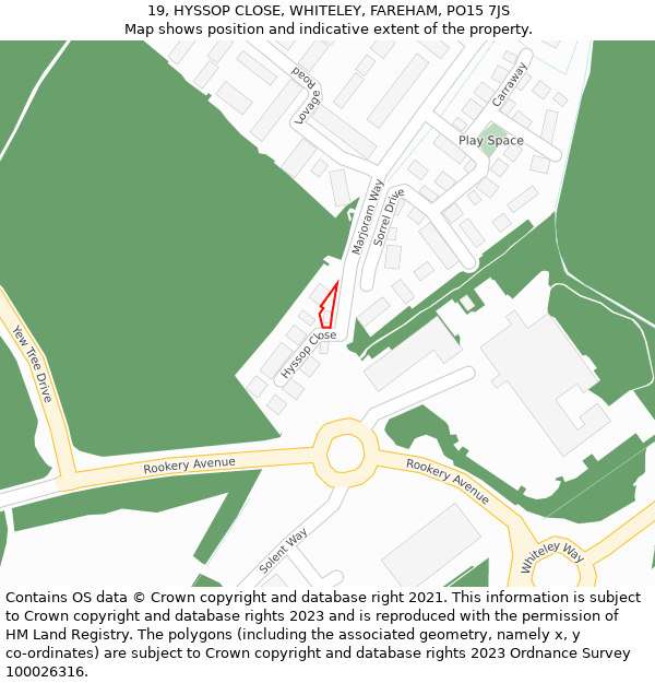 19, HYSSOP CLOSE, WHITELEY, FAREHAM, PO15 7JS: Location map and indicative extent of plot