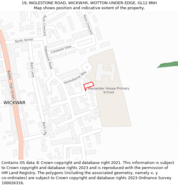 19, INGLESTONE ROAD, WICKWAR, WOTTON-UNDER-EDGE, GL12 8NH: Location map and indicative extent of plot