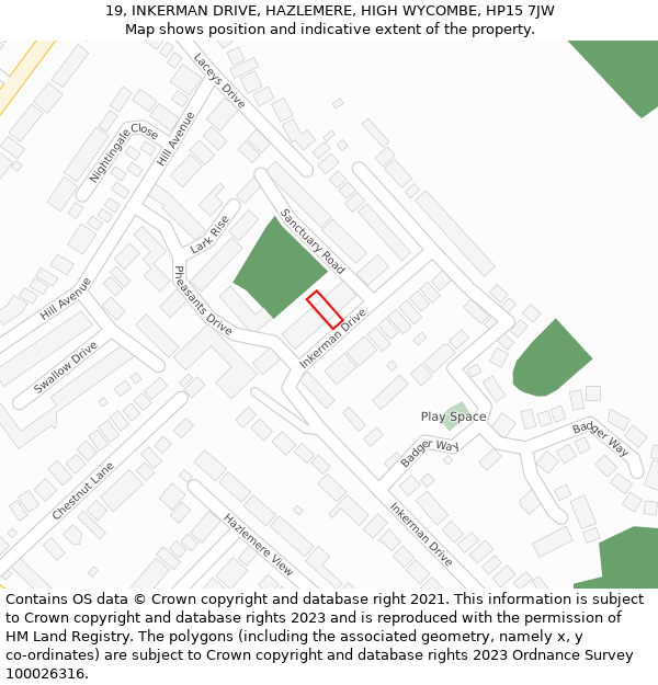 19, INKERMAN DRIVE, HAZLEMERE, HIGH WYCOMBE, HP15 7JW: Location map and indicative extent of plot