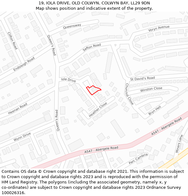 19, IOLA DRIVE, OLD COLWYN, COLWYN BAY, LL29 9DN: Location map and indicative extent of plot