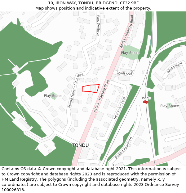 19, IRON WAY, TONDU, BRIDGEND, CF32 9BF: Location map and indicative extent of plot