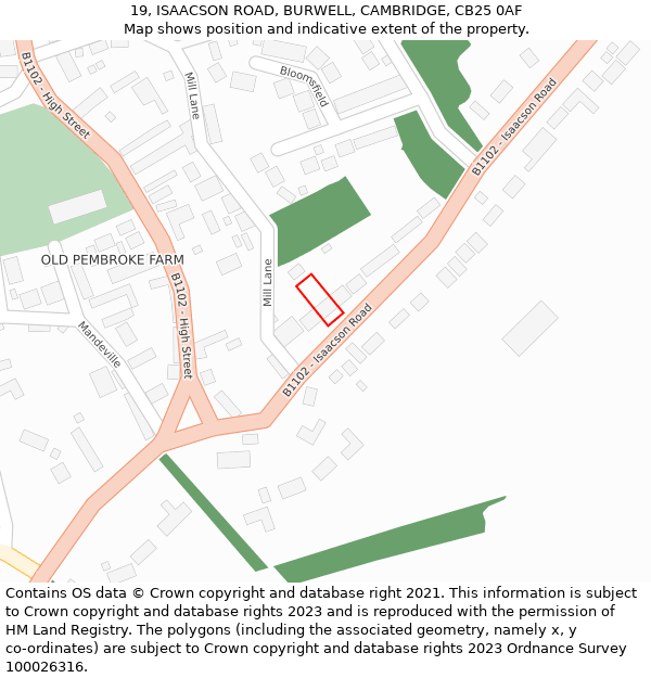 19, ISAACSON ROAD, BURWELL, CAMBRIDGE, CB25 0AF: Location map and indicative extent of plot