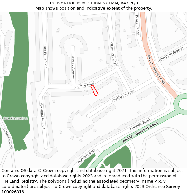 19, IVANHOE ROAD, BIRMINGHAM, B43 7QU: Location map and indicative extent of plot