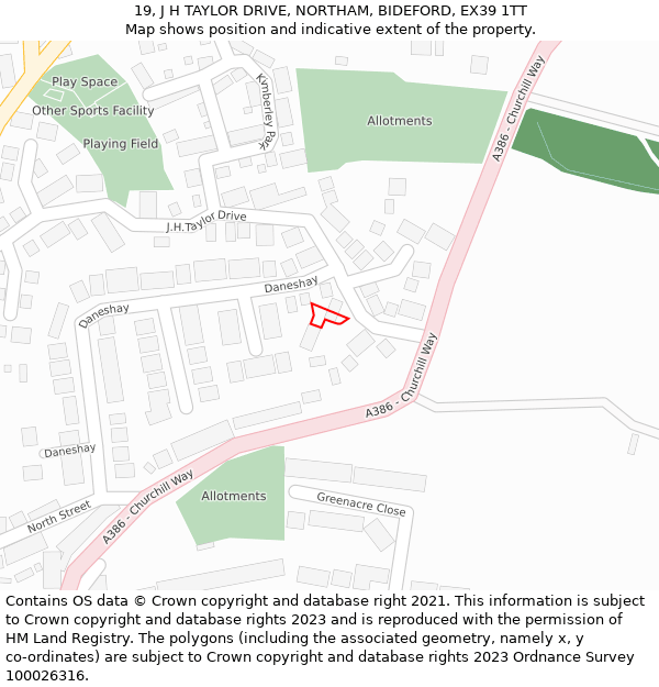 19, J H TAYLOR DRIVE, NORTHAM, BIDEFORD, EX39 1TT: Location map and indicative extent of plot