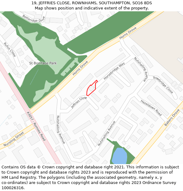 19, JEFFRIES CLOSE, ROWNHAMS, SOUTHAMPTON, SO16 8DS: Location map and indicative extent of plot