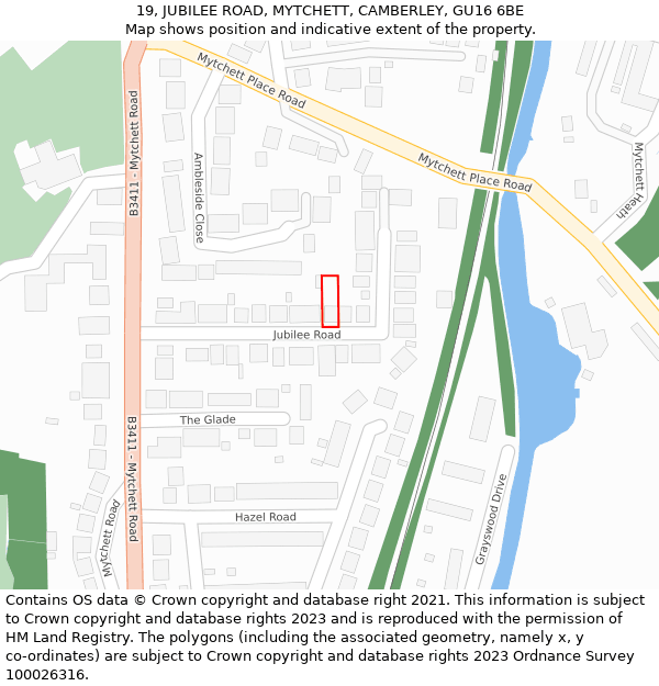 19, JUBILEE ROAD, MYTCHETT, CAMBERLEY, GU16 6BE: Location map and indicative extent of plot