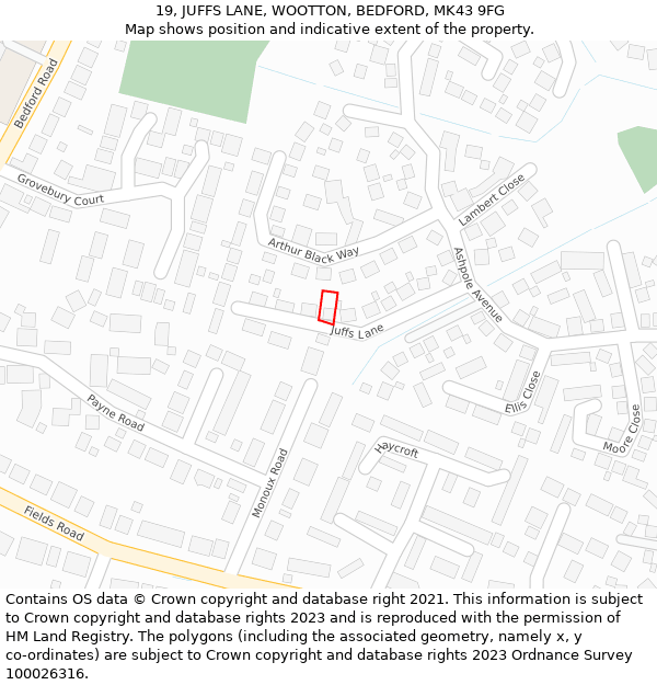 19, JUFFS LANE, WOOTTON, BEDFORD, MK43 9FG: Location map and indicative extent of plot