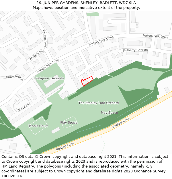 19, JUNIPER GARDENS, SHENLEY, RADLETT, WD7 9LA: Location map and indicative extent of plot