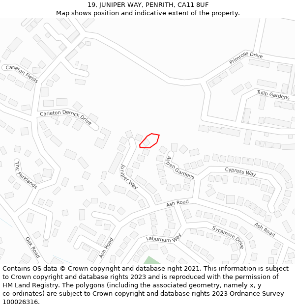 19, JUNIPER WAY, PENRITH, CA11 8UF: Location map and indicative extent of plot