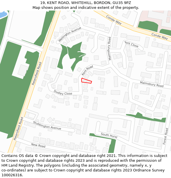 19, KENT ROAD, WHITEHILL, BORDON, GU35 9PZ: Location map and indicative extent of plot