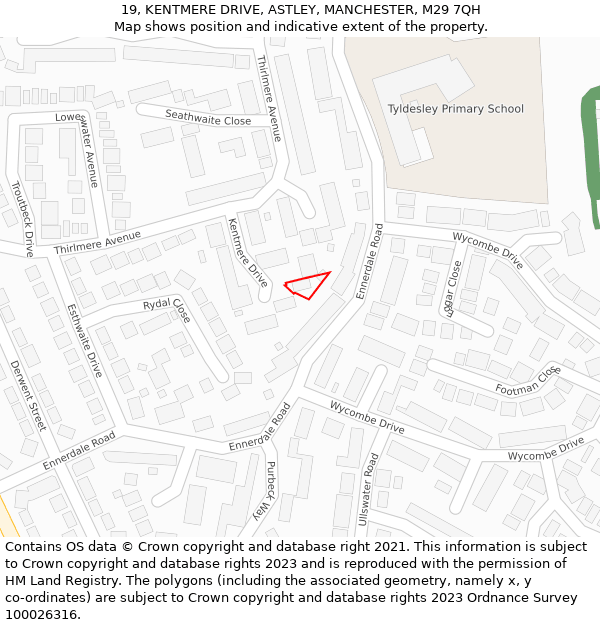 19, KENTMERE DRIVE, ASTLEY, MANCHESTER, M29 7QH: Location map and indicative extent of plot