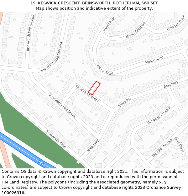 19, KESWICK CRESCENT, BRINSWORTH, ROTHERHAM, S60 5ET: Location map and indicative extent of plot