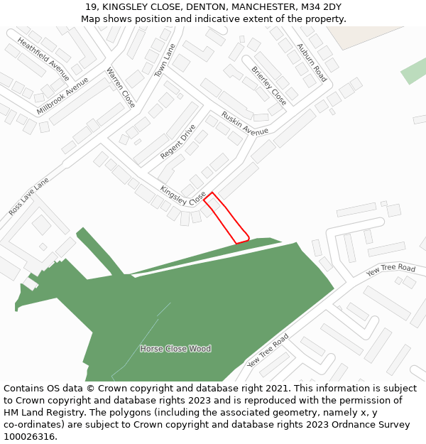 19, KINGSLEY CLOSE, DENTON, MANCHESTER, M34 2DY: Location map and indicative extent of plot