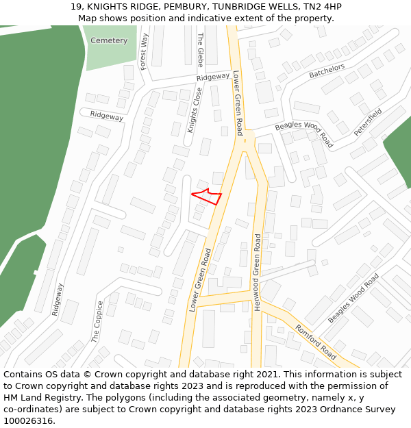 19, KNIGHTS RIDGE, PEMBURY, TUNBRIDGE WELLS, TN2 4HP: Location map and indicative extent of plot