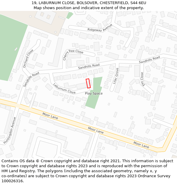 19, LABURNUM CLOSE, BOLSOVER, CHESTERFIELD, S44 6EU: Location map and indicative extent of plot