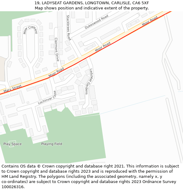 19, LADYSEAT GARDENS, LONGTOWN, CARLISLE, CA6 5XF: Location map and indicative extent of plot