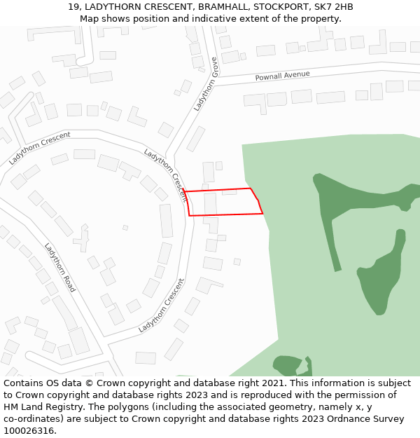 19, LADYTHORN CRESCENT, BRAMHALL, STOCKPORT, SK7 2HB: Location map and indicative extent of plot