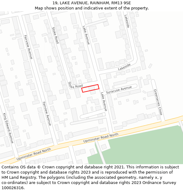 19, LAKE AVENUE, RAINHAM, RM13 9SE: Location map and indicative extent of plot