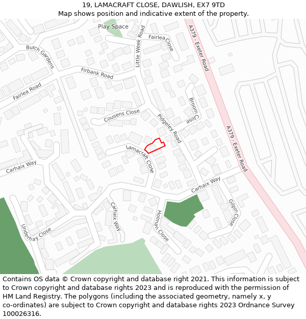 19, LAMACRAFT CLOSE, DAWLISH, EX7 9TD: Location map and indicative extent of plot