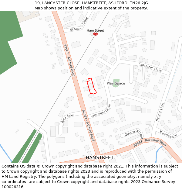 19, LANCASTER CLOSE, HAMSTREET, ASHFORD, TN26 2JG: Location map and indicative extent of plot