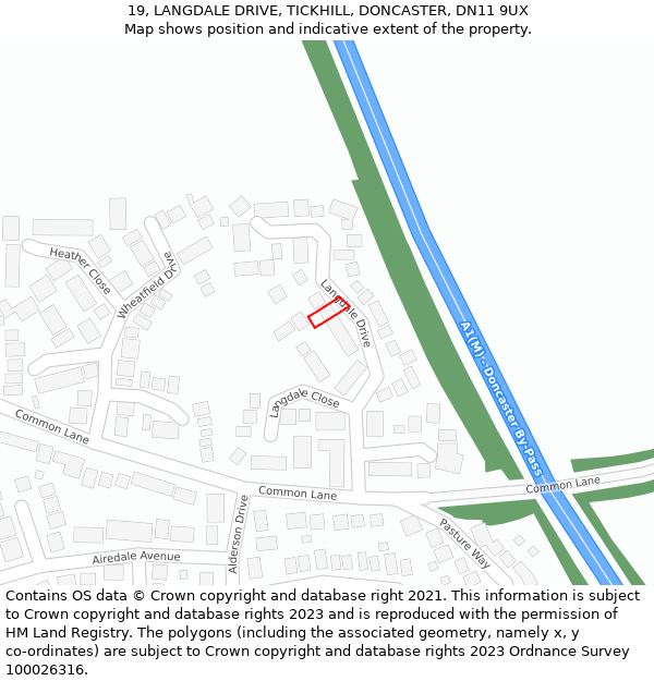 19, LANGDALE DRIVE, TICKHILL, DONCASTER, DN11 9UX: Location map and indicative extent of plot