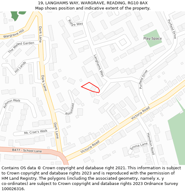 19, LANGHAMS WAY, WARGRAVE, READING, RG10 8AX: Location map and indicative extent of plot