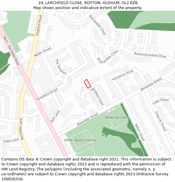 19, LARCHFIELD CLOSE, ROYTON, OLDHAM, OL2 6ZB: Location map and indicative extent of plot