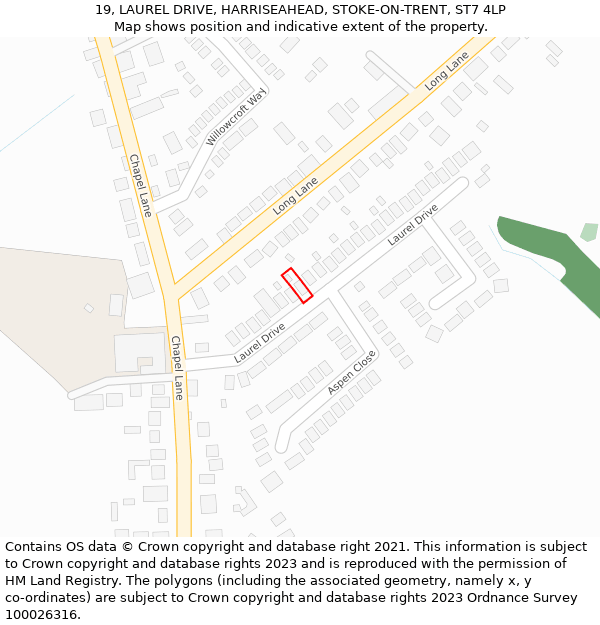 19, LAUREL DRIVE, HARRISEAHEAD, STOKE-ON-TRENT, ST7 4LP: Location map and indicative extent of plot
