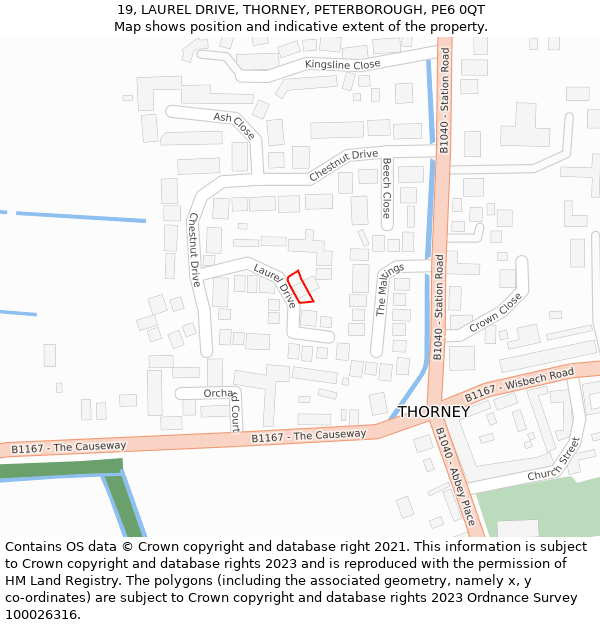 19, LAUREL DRIVE, THORNEY, PETERBOROUGH, PE6 0QT: Location map and indicative extent of plot