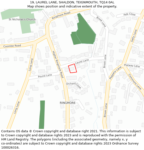 19, LAUREL LANE, SHALDON, TEIGNMOUTH, TQ14 0AL: Location map and indicative extent of plot