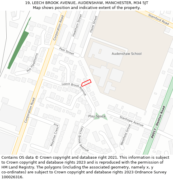 19, LEECH BROOK AVENUE, AUDENSHAW, MANCHESTER, M34 5JT: Location map and indicative extent of plot