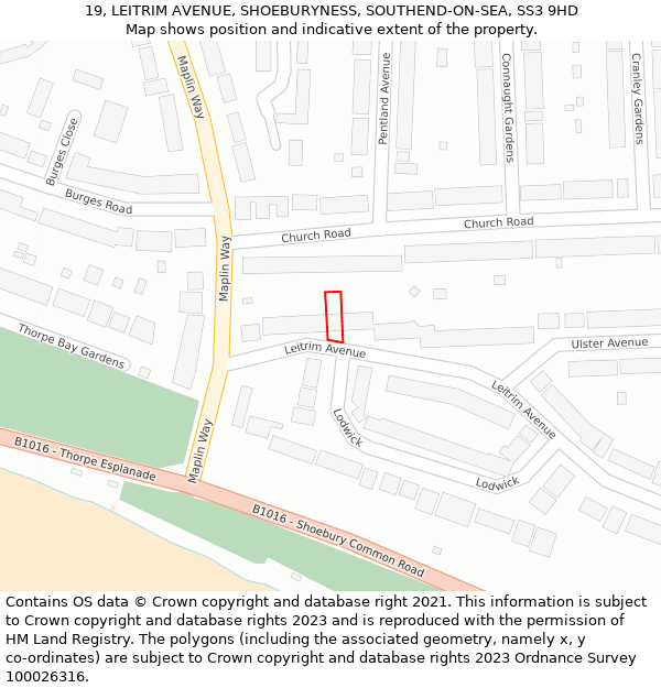 19, LEITRIM AVENUE, SHOEBURYNESS, SOUTHEND-ON-SEA, SS3 9HD: Location map and indicative extent of plot