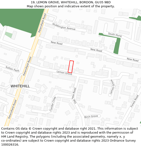 19, LEMON GROVE, WHITEHILL, BORDON, GU35 9BD: Location map and indicative extent of plot