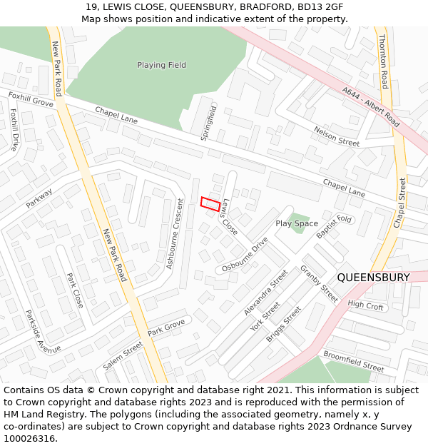 19, LEWIS CLOSE, QUEENSBURY, BRADFORD, BD13 2GF: Location map and indicative extent of plot