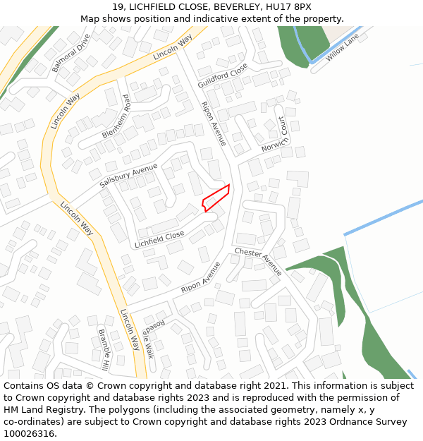 19, LICHFIELD CLOSE, BEVERLEY, HU17 8PX: Location map and indicative extent of plot