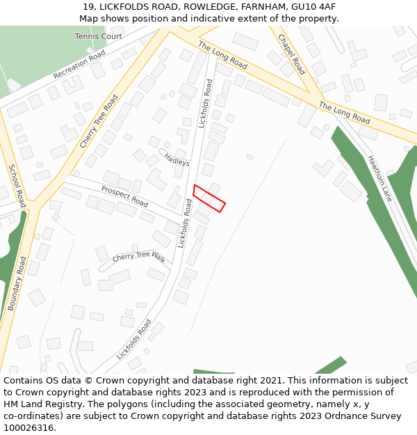19, LICKFOLDS ROAD, ROWLEDGE, FARNHAM, GU10 4AF: Location map and indicative extent of plot