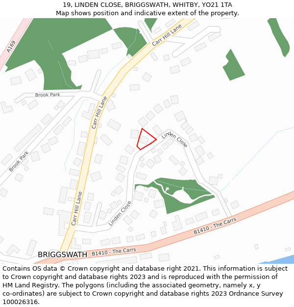 19, LINDEN CLOSE, BRIGGSWATH, WHITBY, YO21 1TA: Location map and indicative extent of plot