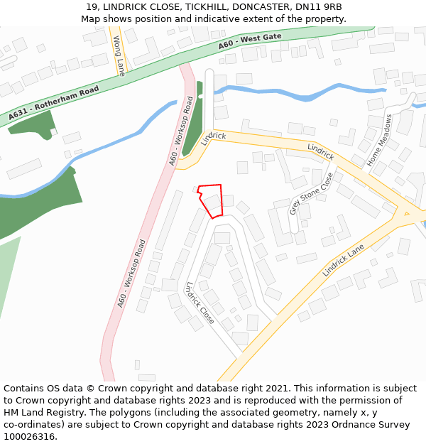 19, LINDRICK CLOSE, TICKHILL, DONCASTER, DN11 9RB: Location map and indicative extent of plot