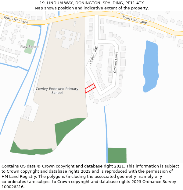 19, LINDUM WAY, DONINGTON, SPALDING, PE11 4TX: Location map and indicative extent of plot