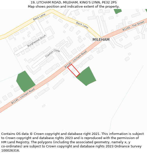 19, LITCHAM ROAD, MILEHAM, KING'S LYNN, PE32 2PS: Location map and indicative extent of plot