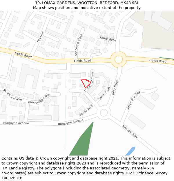 19, LOMAX GARDENS, WOOTTON, BEDFORD, MK43 9RL: Location map and indicative extent of plot