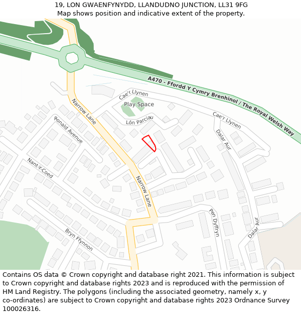 19, LON GWAENFYNYDD, LLANDUDNO JUNCTION, LL31 9FG: Location map and indicative extent of plot