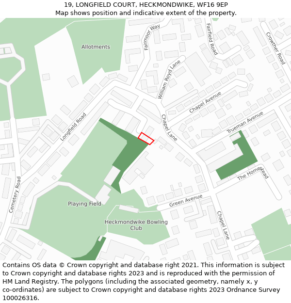 19, LONGFIELD COURT, HECKMONDWIKE, WF16 9EP: Location map and indicative extent of plot
