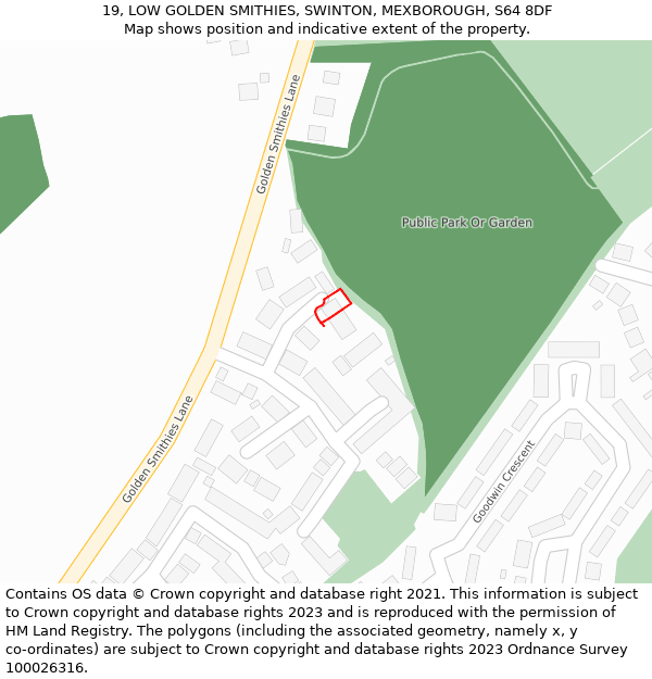 19, LOW GOLDEN SMITHIES, SWINTON, MEXBOROUGH, S64 8DF: Location map and indicative extent of plot