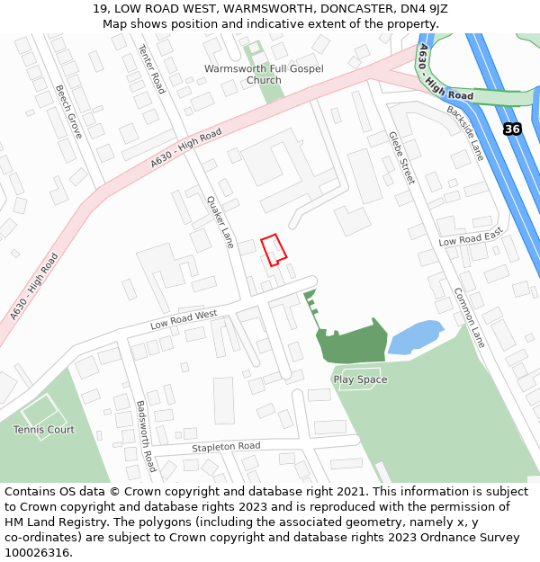 19, LOW ROAD WEST, WARMSWORTH, DONCASTER, DN4 9JZ: Location map and indicative extent of plot