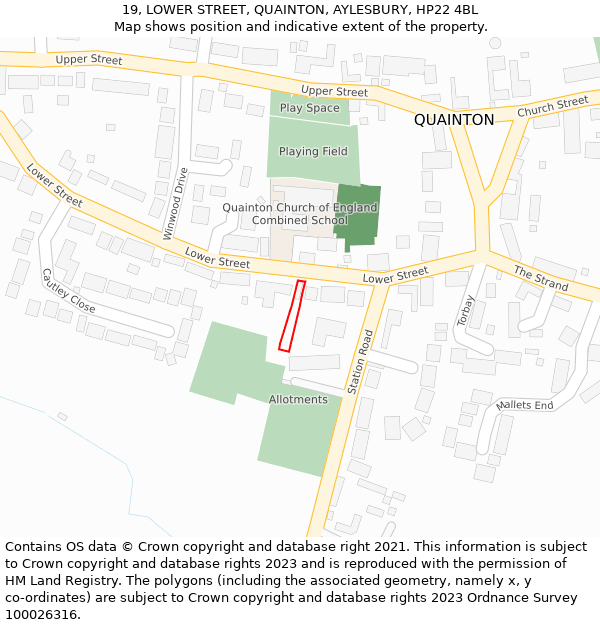 19, LOWER STREET, QUAINTON, AYLESBURY, HP22 4BL: Location map and indicative extent of plot
