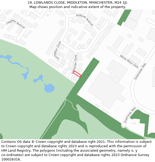 19, LOWLANDS CLOSE, MIDDLETON, MANCHESTER, M24 1JL: Location map and indicative extent of plot