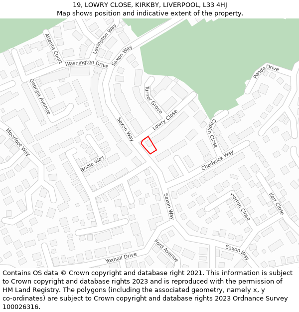 19, LOWRY CLOSE, KIRKBY, LIVERPOOL, L33 4HJ: Location map and indicative extent of plot