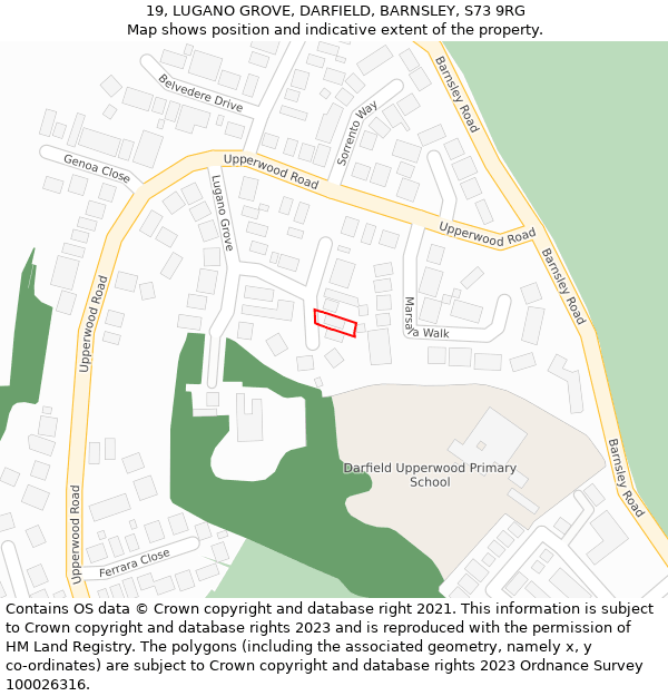 19, LUGANO GROVE, DARFIELD, BARNSLEY, S73 9RG: Location map and indicative extent of plot