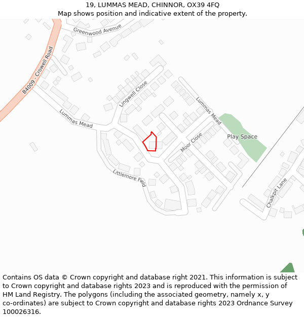 19, LUMMAS MEAD, CHINNOR, OX39 4FQ: Location map and indicative extent of plot